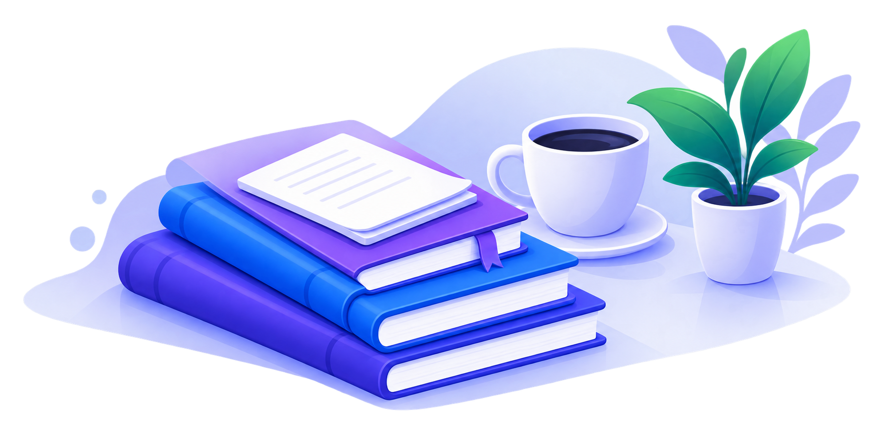 Livros, café e planta